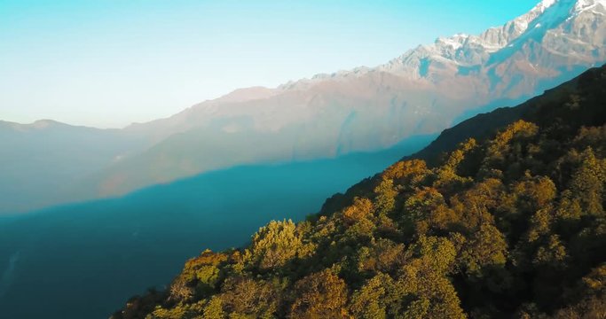 Annapurna and Machapuchare mountain Fishtail in Himalayas range Nepal from air 4K
