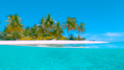 Fototapeta na wymiar HALF UNDERWATER: Blurred shot of the sandy tropical beach and turquoise ocean.