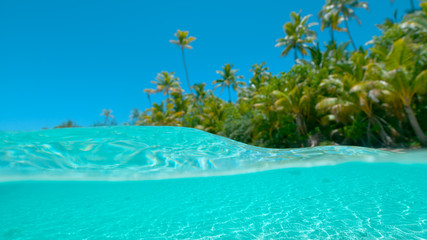 Fototapeta na wymiar HALF UNDERWATER Spectacular jewel water and tropical beach under sunny sky.