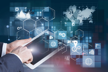 Man hand on tablet, business interface