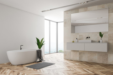 Fototapeta na wymiar Loft beige bathroom, tub and sink