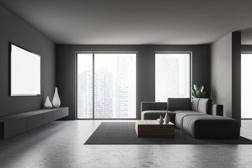 Gray living room interior with tv