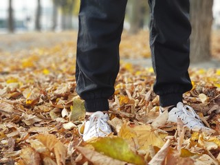 Girl Standing On Leaves During Autumn