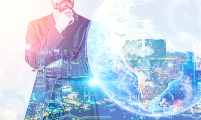 Pensive businessman in city, planet