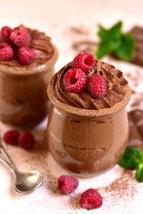 Homemade chocolate mousse with fresh raspberry.