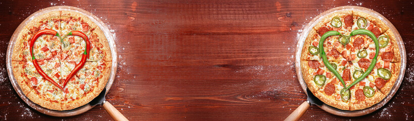 fresh american pizza on wooden table with space for text