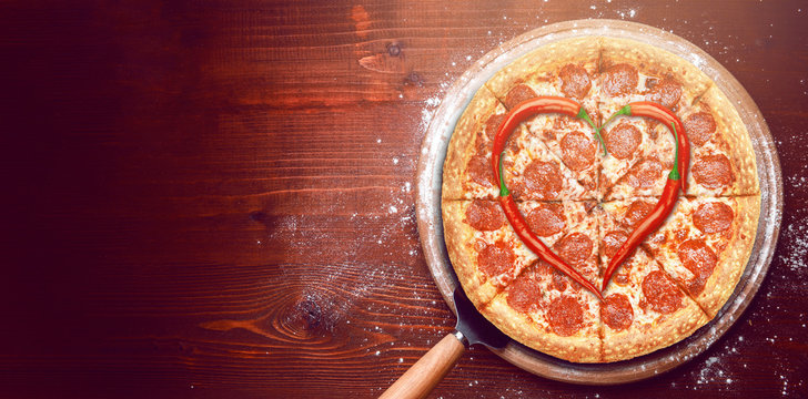 Fresh American Pizza On Wooden Table With Space For Text