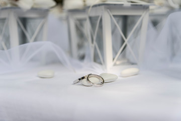Close up of Wedding rings near comfits and wedding favors