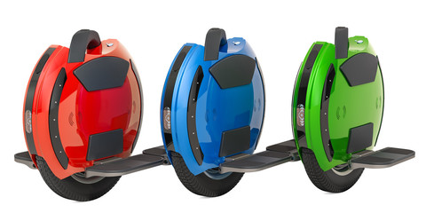 Set of colored electric unicycles, 3D rendering © alexlmx