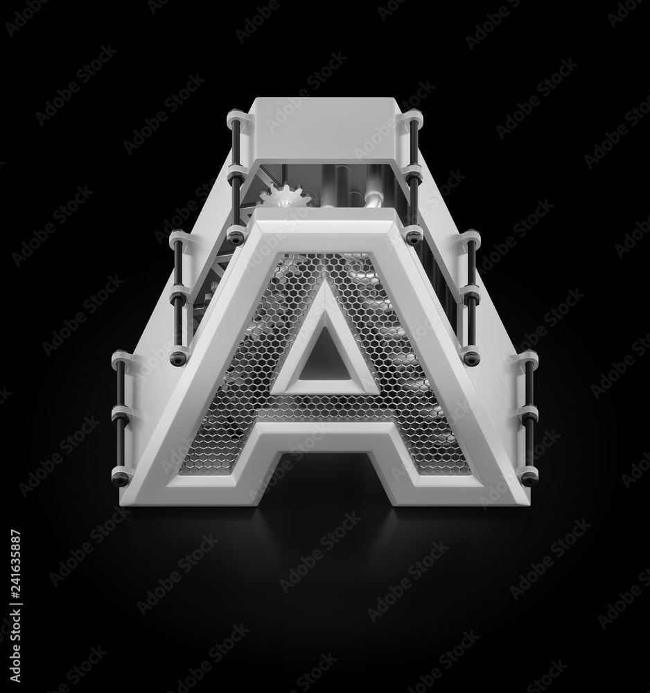 Poster capital a of alphabet. orthographic view at designed in techno-style letter 'a' assembled from mecha