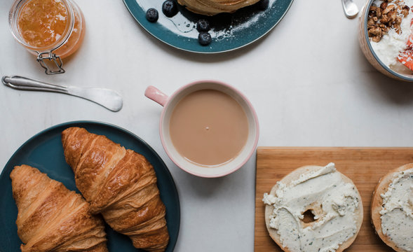 Overhead view of fresh breakfast served on table
