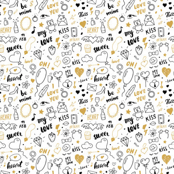 Love and Valentine Day seamless pattern vector illustration. Hand drawn sketched doodle romantic symbols background © saint_antonio