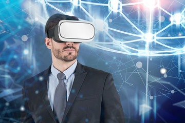 Man in vr glasses, network interface