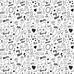 Fototapeta premium Love and Valentine Day seamless pattern vector illustration. Hand drawn sketched doodle romantic symbols background