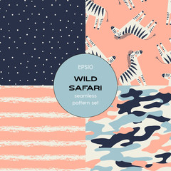 Safari themed vector seamless background set includes zebra, stripes, polka dots and camouflage patterns, vector graphics, kids and baby summer textile tee shirt apparel print