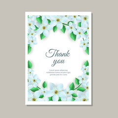 Vector illustration of tender gratitude card with gentle floral compositions isolated on white background with copy space - romantic frame with light flowers and green leaves for wedding design.