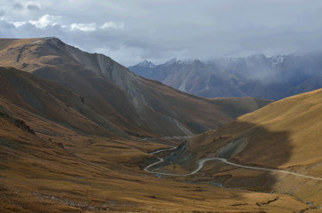 Kalmak Ashu pass (3446m) in Central Tian Shan mountains, way to Son-Kul lake , Kyrgyzstan,Central Asia,popular trekking and horse riding place