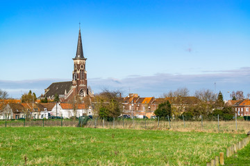 View of the Saint-Gérard church and the Wattrelos district of Touquet-Saint-Gérard in France. Department Nord-Pas-de-Calais.