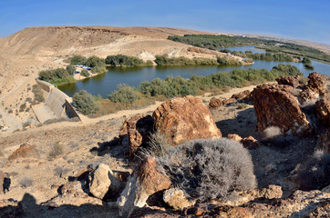 Tel-Yeruham Dam  and reservoir surrounded by a park with picnic tables,view from the top,Yeruham, Southern district,Israel