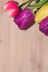 Top view of colorful purple, red, and yellow fresh bouquet of tulips on wooden background