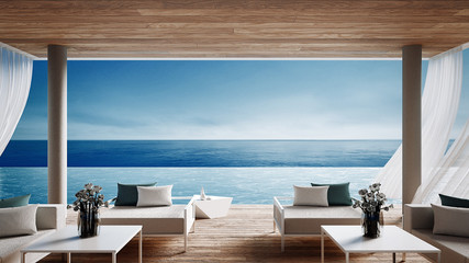 Living beach lounge - ocean villa on Sea view for vacation and summer / 3d render interior