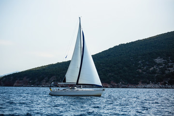 Fototapeta na wymiar Sailing luxury yacht boat in the Aegean Sea in Greece.