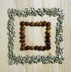 Rectangular frames of hazelnuts, and sunflower seeds