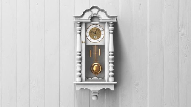 Beautiful white wooden luxurious vintage clock hanging on a bright wall. 4KHD