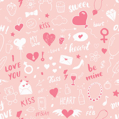 Love and Valentine Day seamless pattern vector illustration. Hand drawn sketched doodle romantic symbols background