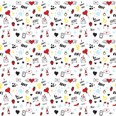 Love and Valentine Day seamless pattern vector illustration. Hand drawn sketched doodle romantic symbols background