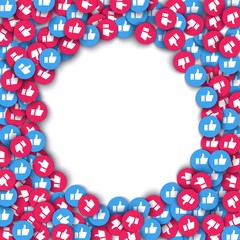 Vector social network background with like thumbs up red blue icons pattern for live stream video chat circle frame. Web buttons for internet marketing campaign template, posters
