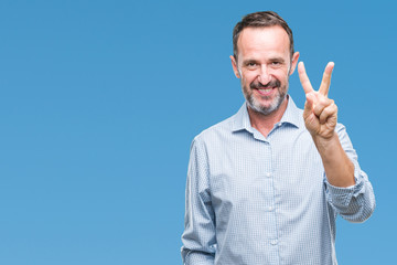 Middle age hoary senior business man over isolated background showing and pointing up with fingers number two while smiling confident and happy.