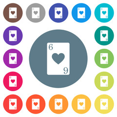 Six of hearts card flat white icons on round color backgrounds