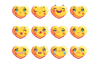 Set of 12 common heart shaped pixel art emoji in golden color