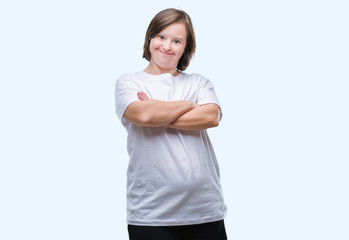 Fototapeta premium Young adult woman with down syndrome over isolated background happy face smiling with crossed arms looking at the camera. Positive person.