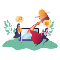 businesswomen with hero cape and device screen