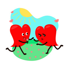 Cute hearts couple running towards each other. Card for valentines day