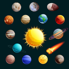 Solar system vector illustration. Sun, planets, satelites cartoon space icons and design elements