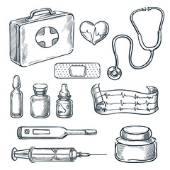 First aid kit vector sketch illustration. Medicine and healthcare hand drawn icons and design elements © Qualit Design