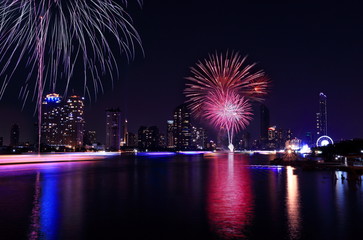 Fireworks on the Chao Phraya River in Bangkok, Thailand