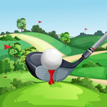 Golf club and ball on green golf course, vector illustration. Summer  landscape cartoon background Stock Vector | Adobe Stock