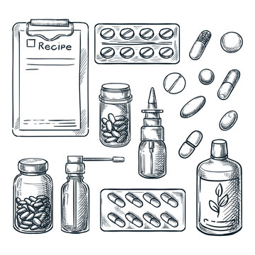 Pharmacy, medicine and healthcare vector sketch illustration. Pills, drugs, bottles, prescription design elements