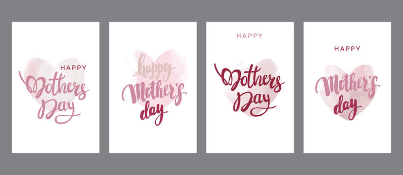 Hand drawn painted fashionable brush shapes Mother's Day cards set, pink templates with lettering, classic design