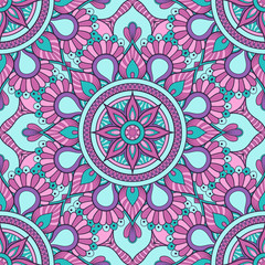 Decorative colorful ethnic seamless pattern for fabric or wrapping in oriental style. Hand drawn illustration