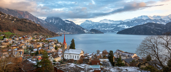 Weggis village on Lake Lucerne, swiss Alps mountains, Switzerland