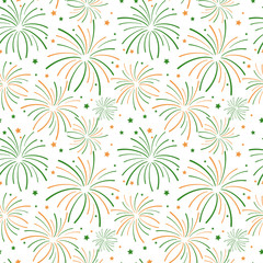 Indian Independence Day Fireworks Seamless Pattern - Orange and green fireworks and stars on white background