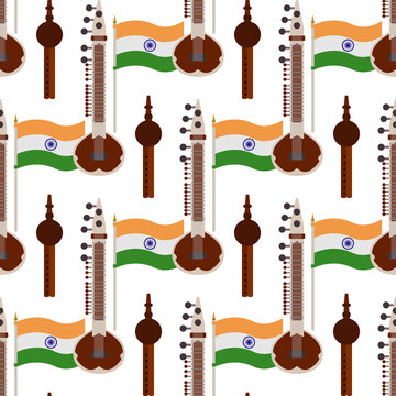 India Flag, Sitar, and Pungi Seamless Pattern - Popular Indian instruments with flag of India