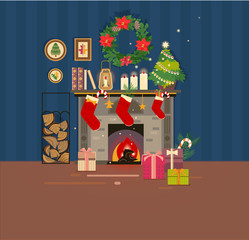 Fireplace vector picture. Interior with a Christmas design. Christmas socks