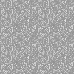 Hand Drawn Hearts Seamless Pattern - White hand drawn hearts on gray background
