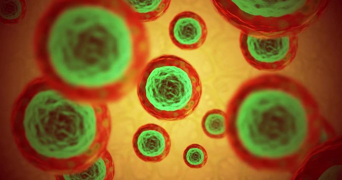 Camera zooms slowly into a biological virus inside a body